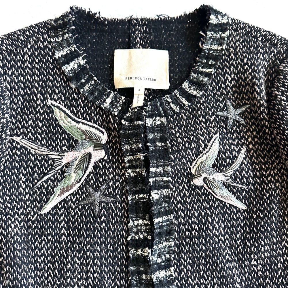 Rebecca Taylor Sz 4 Bird Embroidered Tweed Frayed Raw Hem Jacket Blazer Beaded - Picture 9 of 14